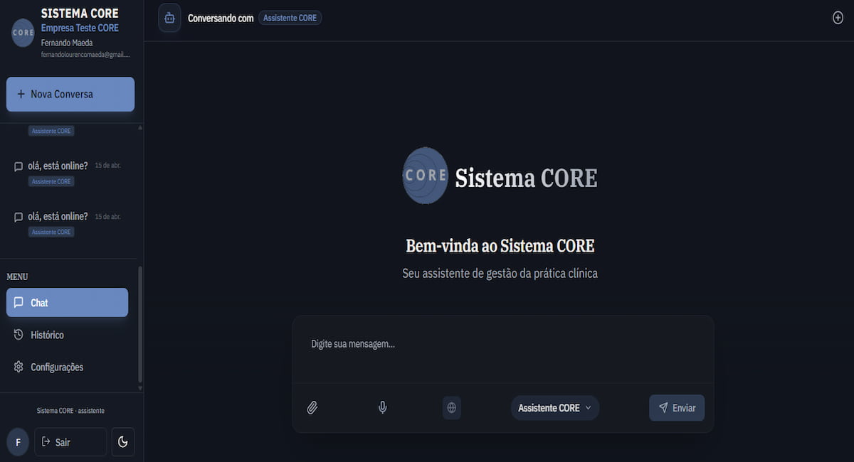 Painel do assistente Sistema CORE · modo escuro
