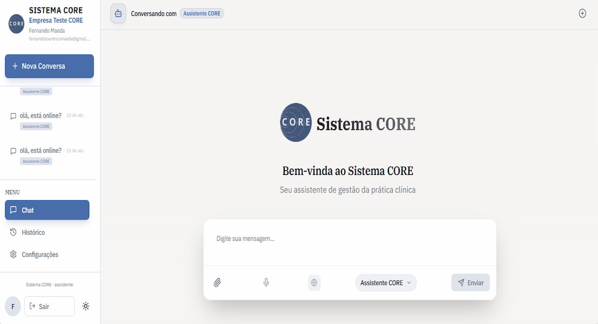 Painel do Sistema CORE · modo claro · acompanhamento dos 8 entregáveis